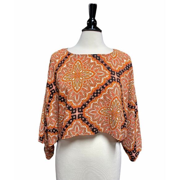 Blush Orange Multi Wide Sleeve Crop Blouse Size Small - Picture 1 of 6